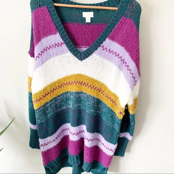 Caslon Mixed Stripe V-neck Purple Multicolor Sweater - Picture 2 of 7